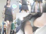 顔出し・極上超美人美脚お姉さん×薄緑フロント刺繍バックレース縁取りP×紺水玉ミニワンピ