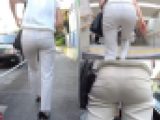 尻周りがパッツパツな白ピタパンの人妻OL：エグ過ぎる強烈に浮き出たクロッチ部分